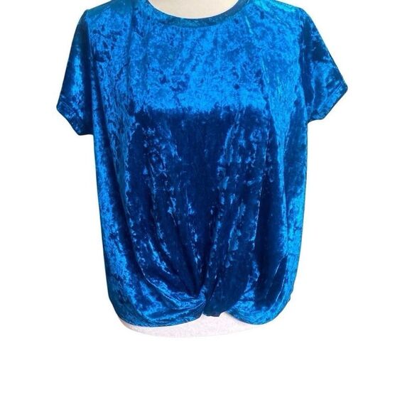 Skies Are Blue Velvet Teal Blue Blouse Knot Detail Short Sleeve Stretchy Size 8 - Picture 1 of 5
